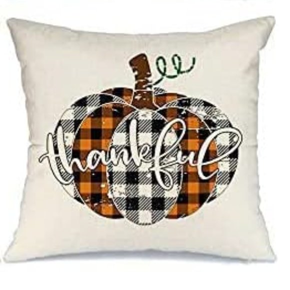 NEW LINEN BLEND FALL PUMPKINS "THANKFUL" DECORATIVE HOME DECOR PILLOW COVER - Picture 1 of 4
